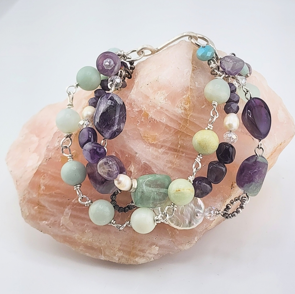 Amethyst, Amazonite & Pearls Handmade Bracelet In Sterling Silver Apprx 8 Inches